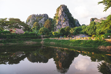 Fototapeta premium Landscape image of limestone mountains and lake in Noen Maprang , Phitsanulok Thailand