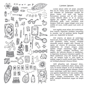 Illustration with hand drawn biology images and other elemets. Science collection. Vector.