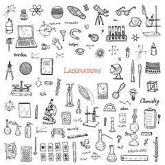 Set with hand drawn scientific objects and elements. Laboratory theme collection. Vector illustration