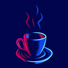 A cup of coffee and tea line pop art potrait logo colorful design with dark background. Abstract vector illustration.