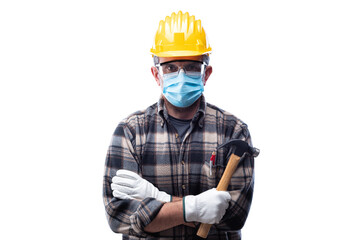 Carpenter worker isolated on white background, wears helmet, goggles, leather gloves and surgical mask to prevent coronavirus infection. Preventing Pandemic Covid-19 at the workplace.