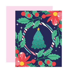 merry christmas, pine tree wreath flowers branches, decoration celebration card for greeting