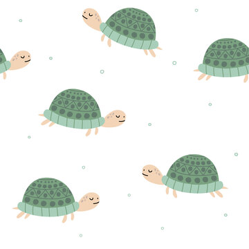 Turtles, hand drawn backdrop. Seamless pattern with turtles. Vector flat illustration. Pattern with animals, reptiles. For wallpaper, textiles, fabric, paper.