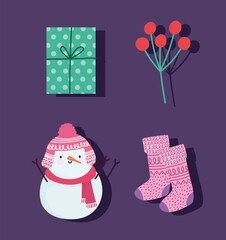 merry christmas, snowman stocking berries and gift icons decoration celebration card for greeting