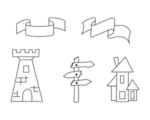 Doodle halloween house, road sign and ribbon icon isolated on white. Cketch collection. Vector stock illustration. EPS 10