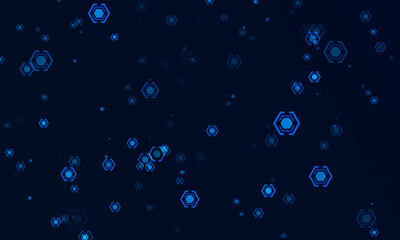 Dark blue background with floating hexagon icons.