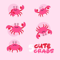 Crab cartoon character.Simple cute animal  vector illustration in several posing.