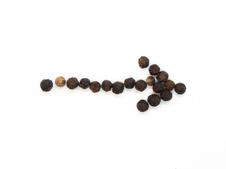 Black pepper arrow in right direction. Isolated tasty, background herb, spice arrows,  peppercorn for social media banner.