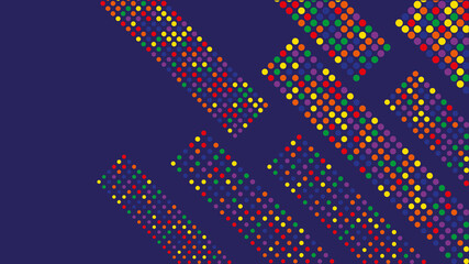 Diagonal lines, stripes of circles of different sizes and colors on a purple background