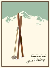  Vector winter themed template with wooden old fashioned skis and poles in the snow with snowy mountains and clear sky on background. Retro looking minimalistic skiing promotion poster template © pgmart