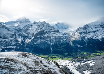 view over Grindelwald with Schreckhorn in first snow
