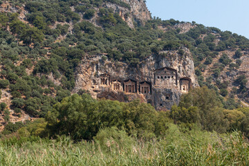 Lycian Royal mountain tombs carved into the rocks near the town of Dalyan in the province of Marmaris in Turkey