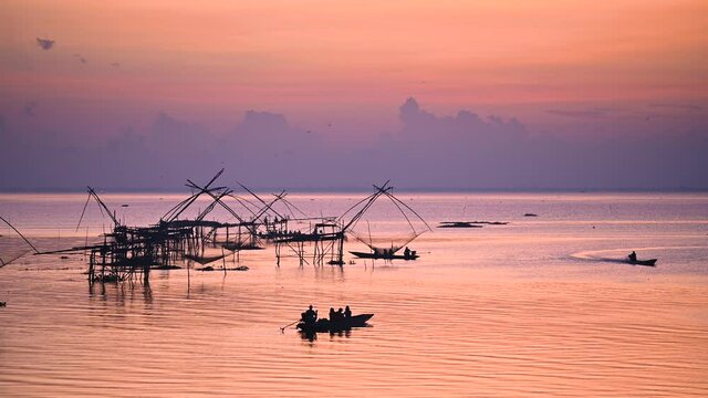 View of Pakpra village where is still fishing by traditional method net made by bamboo in Phatthalung province Thailand