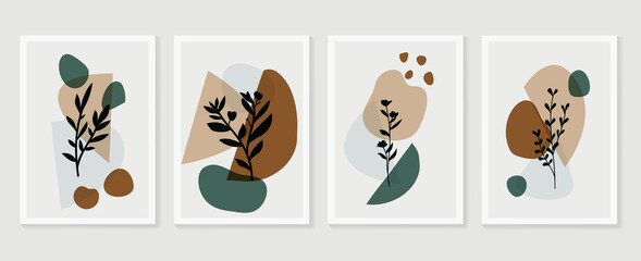 Botanical wall art vector set. Earth tone boho foliage line art drawing with  abstract shape.  Abstract Plant Art design for print, cover, wallpaper, Minimal and  natural wall art..