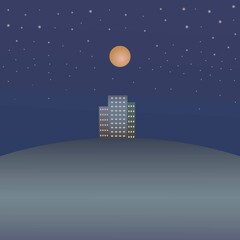 Vector image of a night city landscape with moon and stars