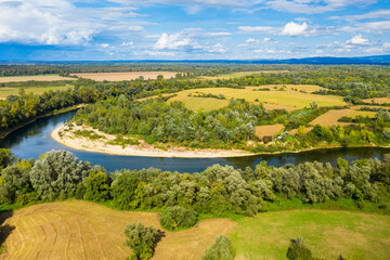 Fototapeta na wymiar Aerial view of the Una River in the lower stretch between Croatia and Bosnia 