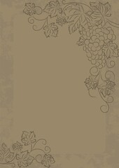 Contour drawing of a grapevine with a bunch on a light brown grunge background. Grape vector vintage A4 template. Background with copy space