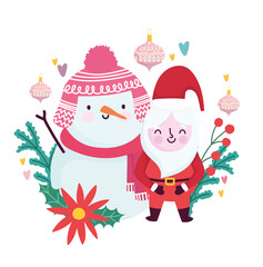 merry christmas, snowman santa with balls flower and branches, decoration celebration card for greeting