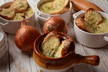 French Onion Soup with toasted bread and cheddar cheese
