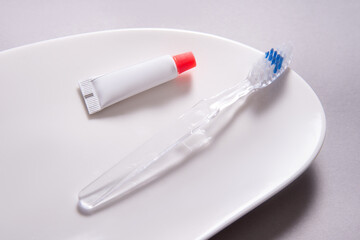 Single use disposable toothbrush with small tube of toothpaste