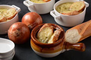 French Onion Soup with toasted bread and cheddar cheese