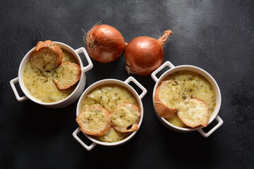French Onion Soup with toasted bread and cheddar cheese