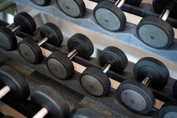Fototapeta na wymiar Dumbbell rack in the fitness room