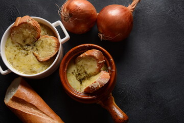 French Onion Soup with toasted bread and cheddar cheese