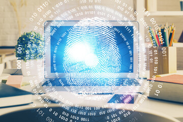 Computer on desktop in office with finger print drawing. Double exposure. Concept of business data...