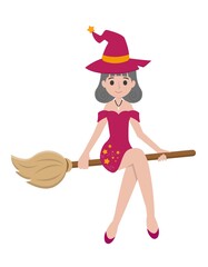 Halloween beautiful witch riding a broomstick isolated in white background, cartoon comic vector illustration