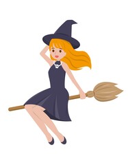 Halloween beautiful witch riding a broomstick isolated in white background, cartoon comic vector illustration