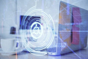 Obraz premium Multi exposure of desktop computer and technology theme hologram. Concept of software development.