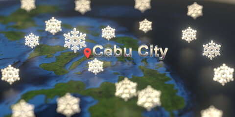 Cebu City and snowy weather icon on the map, weather forecast related 3D rendering
