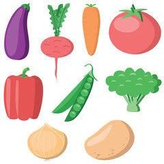 Bright vector illustration of colorful vegetables. Fresh minimalistic style organic vegetables isolated on white background, used for magazine, book, poster, card, menu cover, web pages