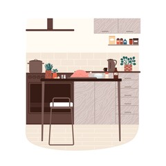 Modern kitchen minimalistic interior vector flat illustration. Comfortable cooking area with ingredients for dinner at table isolated. Empty furnishing home culinary room with chicken and spices