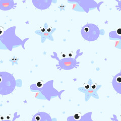 Naklejka na ściany i meble Bright vector pattern on the theme of the underwater world with shark, puffer fish, star, crab and underwater air bubbles. Vector illustration for print, postcard, textile and fabric