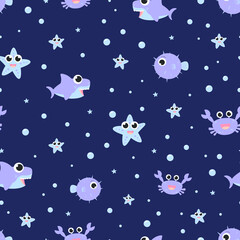 Bright vector pattern on the theme of the underwater world with shark, puffer fish, star, crab and underwater air bubbles. Vector illustration for print, postcard, textile and fabric