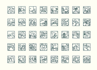 landscapes different scene panorama nature weather set icons line icon style