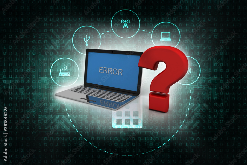 Poster 3d rendering computer online help information concept. red question mark over