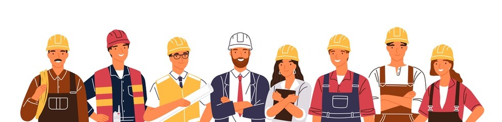 Team of builders and industrial workers standing together vector flat illustration. Portrait of smiling colleagues in uniform and hard hats isolated. Man and woman industry or construction employees