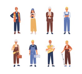 Set of smiling people industry or construction workers, engineers vector flat illustration. Collection of man and woman in uniform and hard hats isolated on white. Person with professional equipment