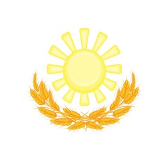 Golden sun and a garland of ripe ears of wheat.