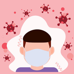 Concept of man's portrait in white protection face mask with virus on background. Coronavirus, covid-19. Vector illustration,