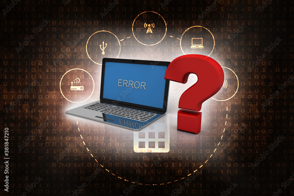 Poster 3d rendering computer online help information concept. red question mark over
