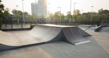 Skatepark ramps in the sunrise
