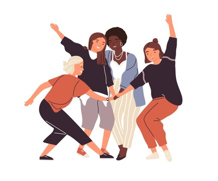 Happy diverse female friends putting hands together vector flat illustration. Group of smiling woman enjoying friendship, support and cooperation isolated. Funny people demonstrate gesture of unity