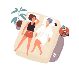 Two woman best friends lying on bed with mask on face and talking vector flat illustration. Happy female relaxing after spa or care procedure top view isolated. People spending time together at home