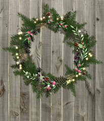 Christmas Wreath on wood. Elegant floral design of Wreath with lights over rustic wooden background. Greetings, 2021 invitation, flyer, brochure, cover. 3D illustration