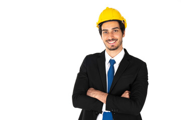 Engineer crossing arms and hands wearing yellow helmet isolated on white background