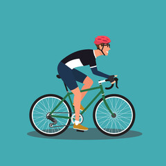Fototapeta premium Hipster male riding bike. Young man cyclist isolated on white background. Stylish guy on bicycle flat vector illustration wearing helmet
